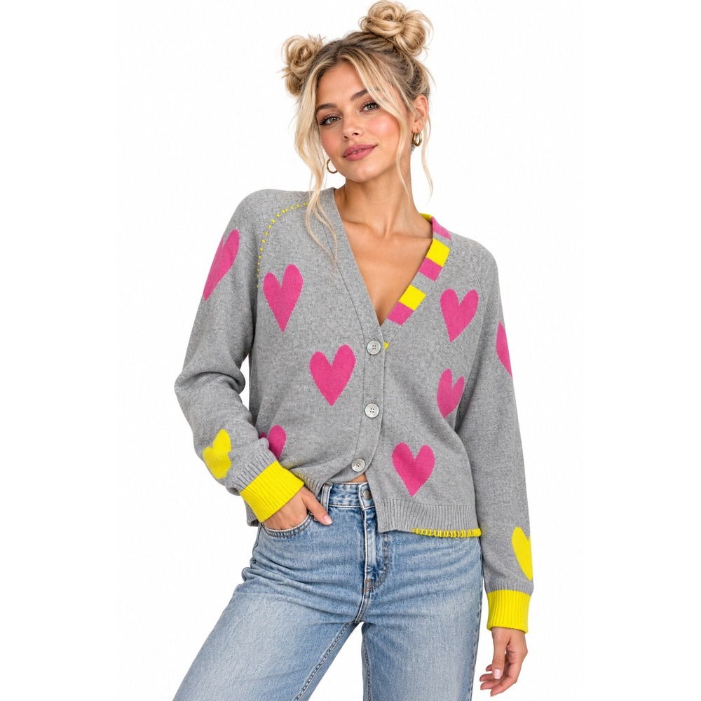 Zaket & Plover Heart Cardigan Cotton Cashmere Gray Pink Yellow Women's M